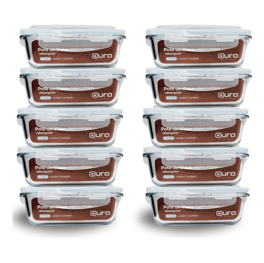 Conjunto 10 Potes 640ml Vidro Hermético 4 Travas Marmita Aura Do Brasil