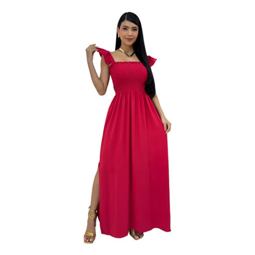 Vestido Longo Feminino Casual Lastex Alcinha Fenda Barato