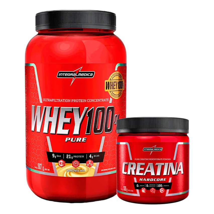 Kit Whey 100% Pure 900g Pote Creatina 300g Integral Médica