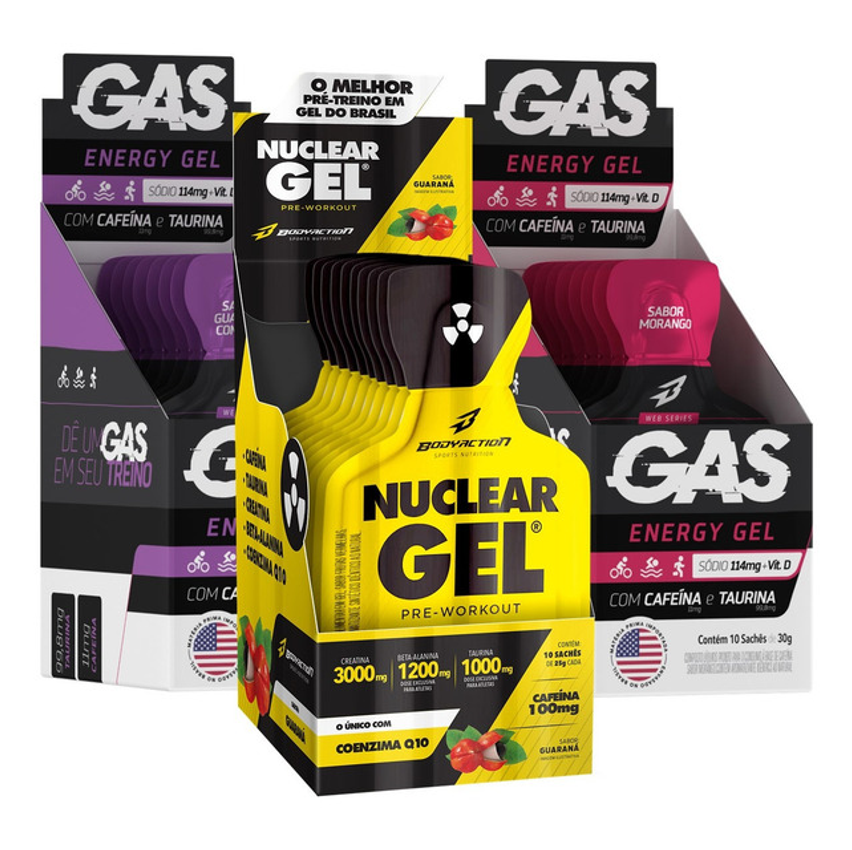 Kit 2x Gas Gel Energético 20 Sachês + Pré Treino Nuclear Gel Sabor Guaraná Com Açaí/morango