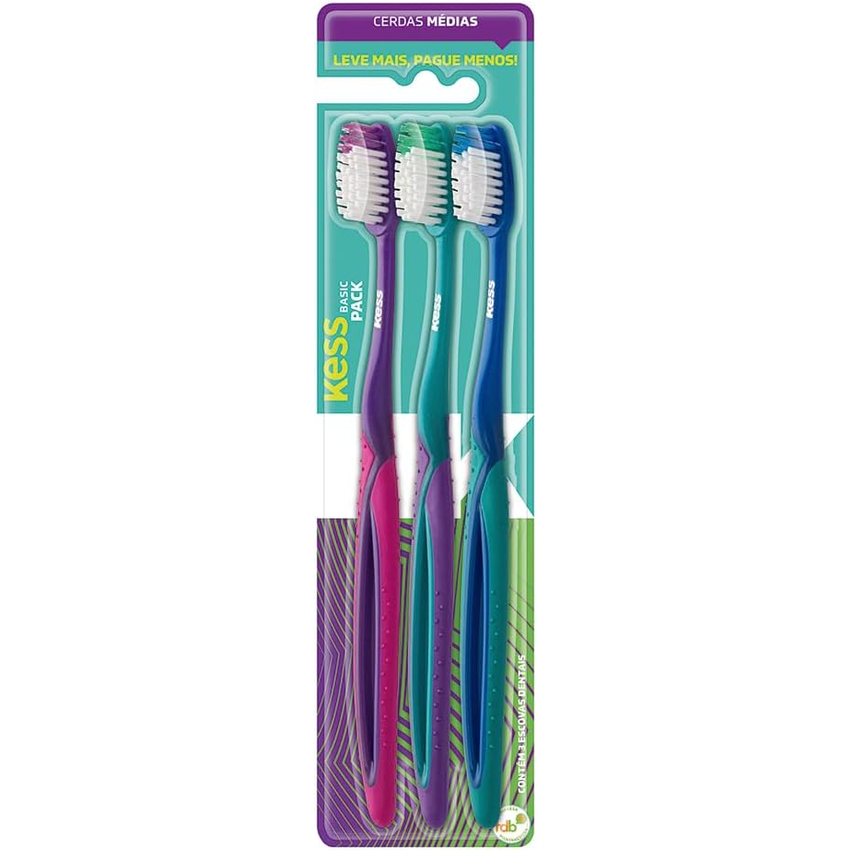 Kess Combo Econômico Com 3 Escovas Dentais Multicor