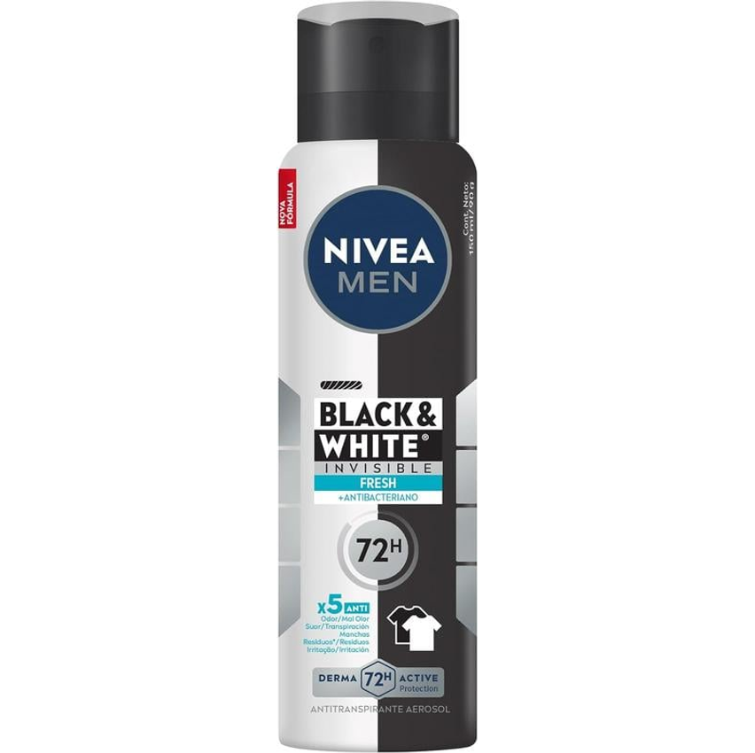 NIVEA MEN Desodorante Masculino Antitranspirante Aerossol Black & White INVISIBLE Fresh 150ml - Proteção prolongada contra odor, suor e manchas + antibacteriano