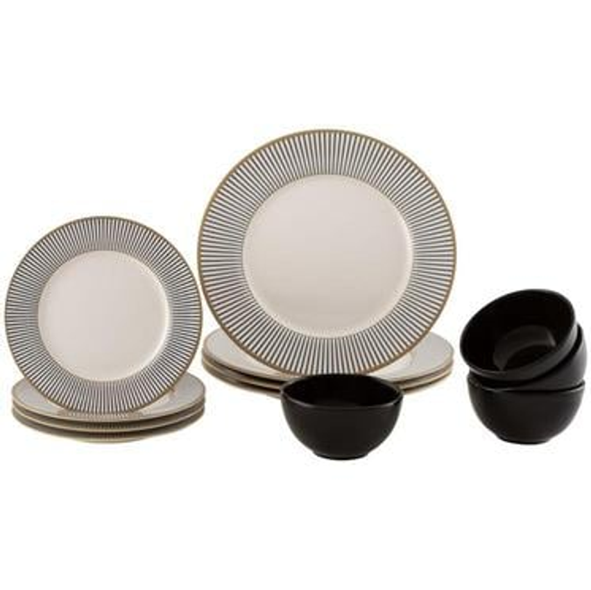 Aparelho de Jantar 12 Peças Alleanza Cerâmica Branco e Preto Redondo Ritz