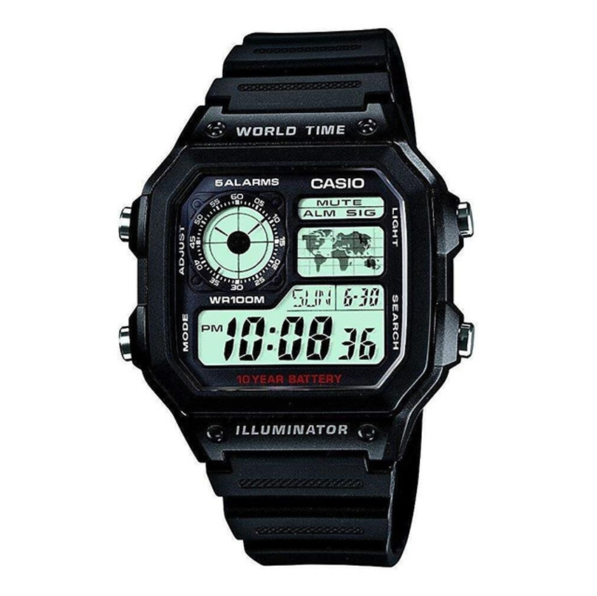 Relógio Casio Ae-1200wh-1a Masculino Mundial Quadrado 5 Alarmes Cor Da Correia Preto
