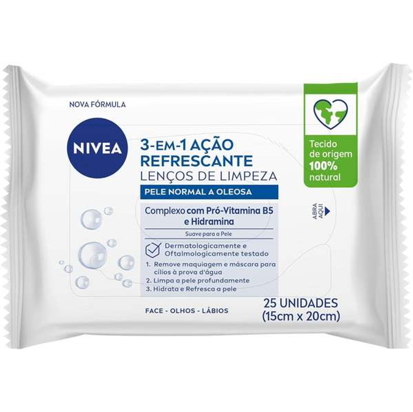 Nivea Lenço De Limpeza Facial Demaquilante Ação Refrescante 3 Em 1 25 Un. - Remove A Maquiagem À Prova D'água, Refresca A Pele, Limpa Profundamente Sem Precisar Lavar O Rosto, Podendo Ser Usado Todos Os Dias