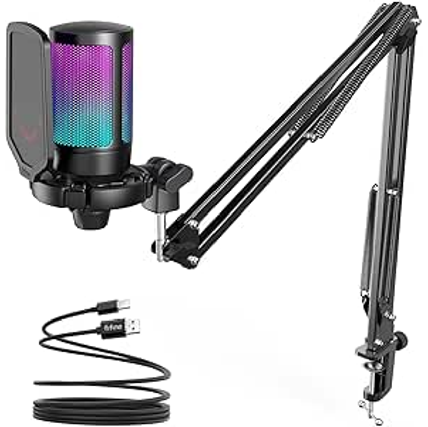 FIFINE Gaming PC Microfone USB, Microfone Condensador para Podcast com Braço,Filtro Pop,Botão Mudo para Streaming,Twitch,Chat Online,Mic RGB para Computador para PS4/5 y Jogadores e Youtuber-A6T