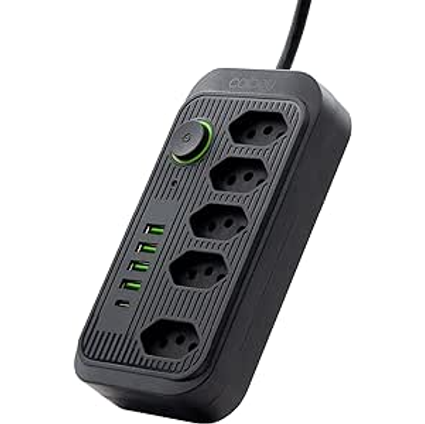 Extensão Tomada, Régua Tomada, Régua de Energia, 5 Tomadas, 4 Interfaces USB, 1 Porta USB Tipo-C, Cabo de Alimentação de 1,9 metros, Suporte a Tensão de 110-220V, Potência de 2500W (Preto)