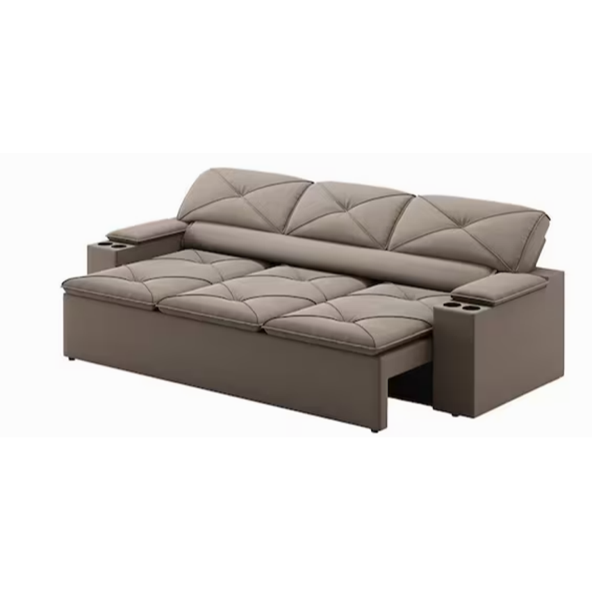 Sofá 3 lugares DDS Next Pop com Assento Retrátil e Encosto Reclinável em Velosuede com porta-copos - 205cm de Largura - Capuccino