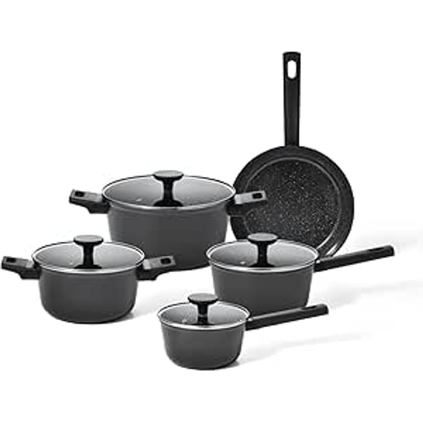 Oikos - Jogo Panelas Antiaderente Ultra Ceramic 5 Peças para Fogão por Indução, a Gás, Elétrico e Vitrocerâmico Cor Preta Mou Chia