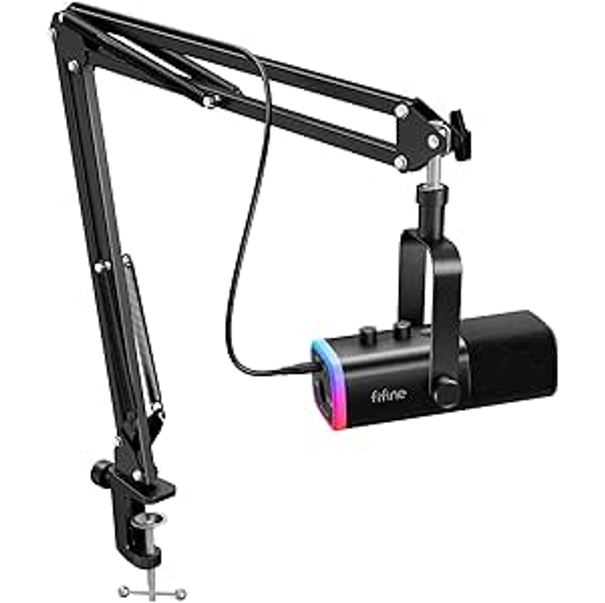 FIFINE conjunto de microfone para jogos XLR/USB, mic dinâmico para PC para podcasting, kit de microfone RGB para computador com suporte para braço de lança,para gravação de voz vocal-AM8T Preto