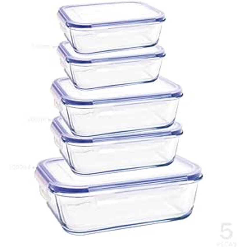 Kit Conjunto 5 Potes De Geladeira Hermético De Vidro Marmita Tampa Click (Azul)