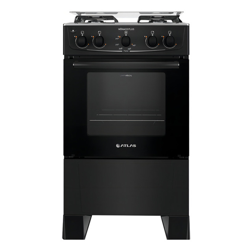 Fogão 4 Bocas Preto Com Mesa Inox Atlas Mônaco Plus 50litros