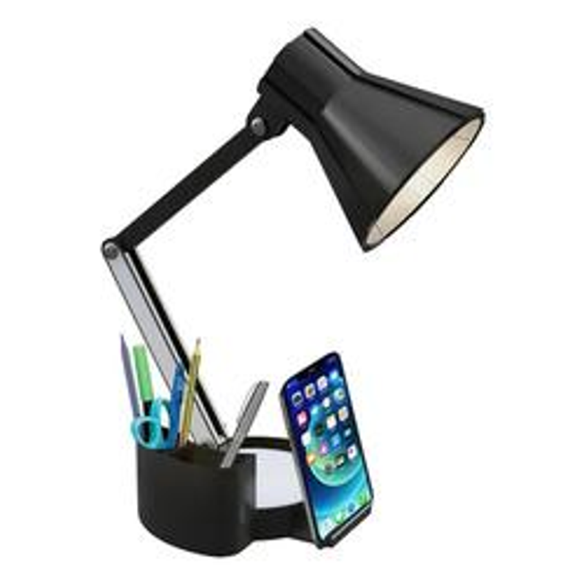 Luminária Articulavel Porta Lápis, Caneta E Suporte Smartphone Cúpula Preto Estrutura Preto Marx Greg 3D