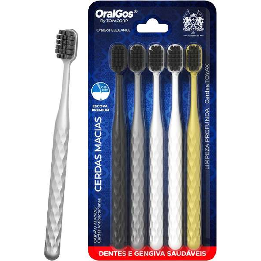 ORALGOS ELEGANCE Escova de Dente Adulto, 5 Unidades, Cerdas de Carvão Ativo, Ultra Macia, Para Gengivas Sensíveis, Multi-Cores, Prática para Viagem e Uso Familiar