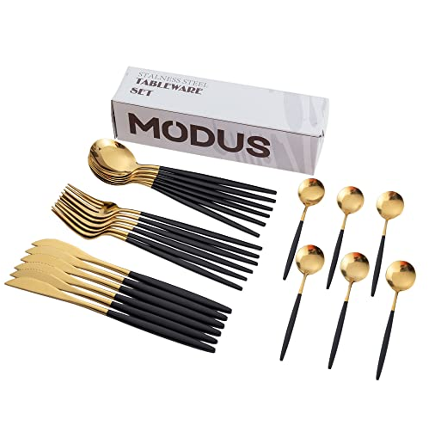 Conjunto De Talheres Inox 24 Peças Com Colher Garfo Faca e Colher de Café (Ouro Negro)