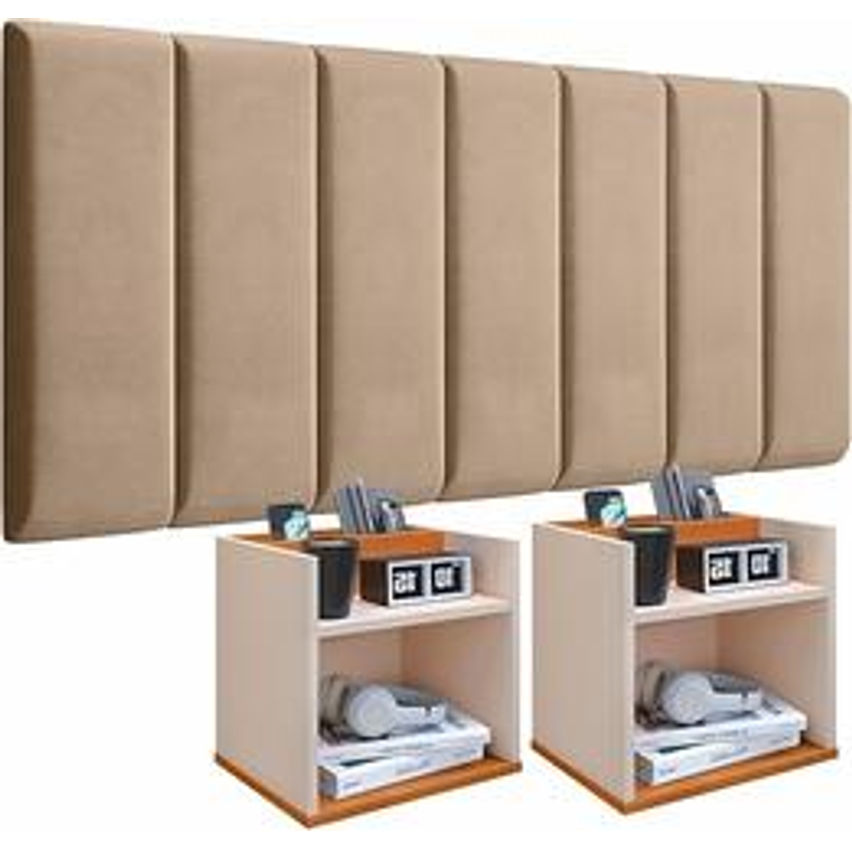 Conjunto Cabeceira Casal Modulada 140cm com Kit de Mesa de Cabeceira Suspensa com Porta Smartphone (Bege - Off White/Cinamomo)