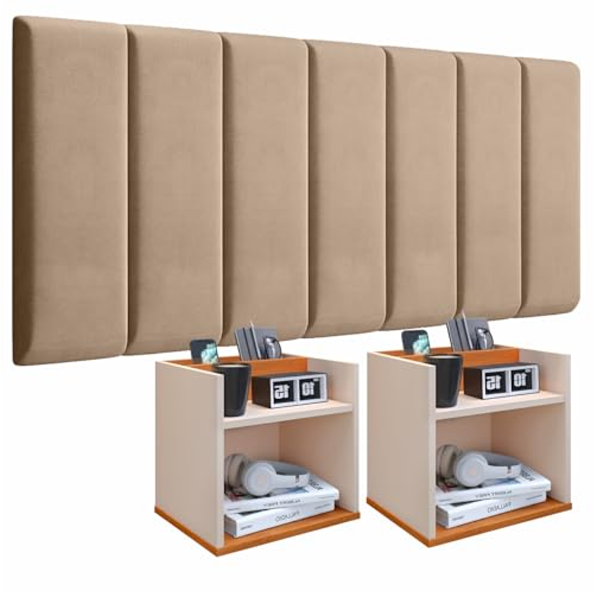 Conjunto Cabeceira Casal Modulada 140cm com Kit de Mesa de Cabeceira Suspensa com Porta Celular (Bege - Off White/Cinamomo)
