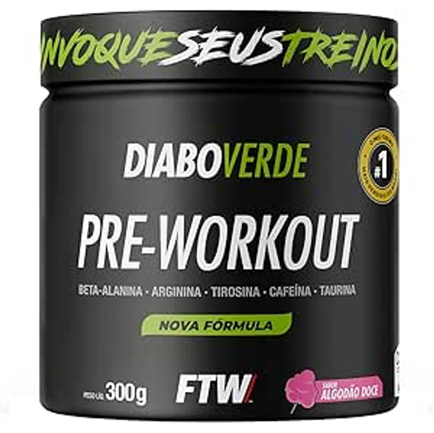 FTW Pré-Treino Diabo Verde - Energia Extrema, Força e Foco - Potência Hardcore com Cafeína, Beta-Alanina - Para Treinos Intensos - sabor:Algodão Doce - Pote 300g