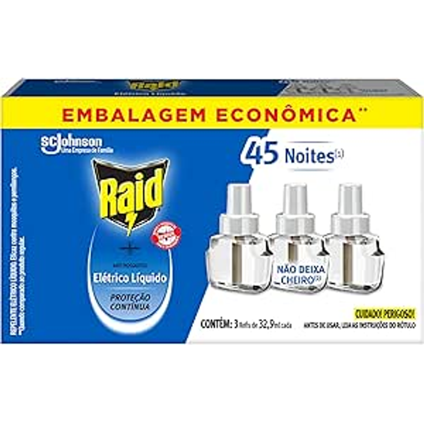 Raid Repelente Eletrico Líquido Refil, Até 45 Noites de Proteção, 3 unidades de 32,9ml