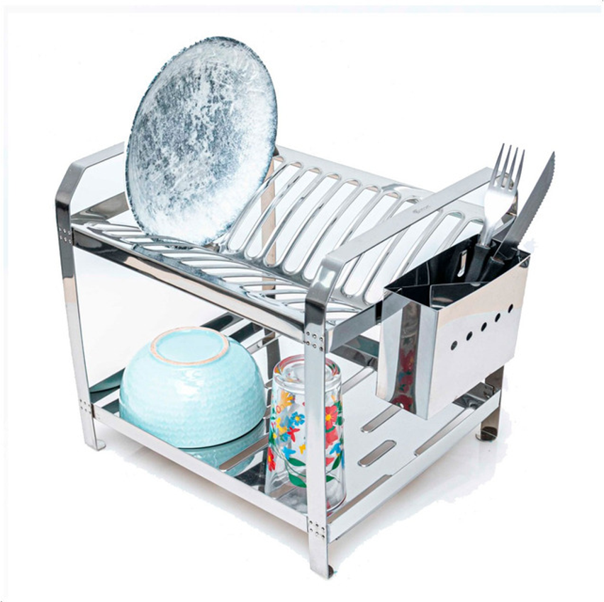 Escorredor De Aço Inox 16 Pratos Com Porta Talheres Inox