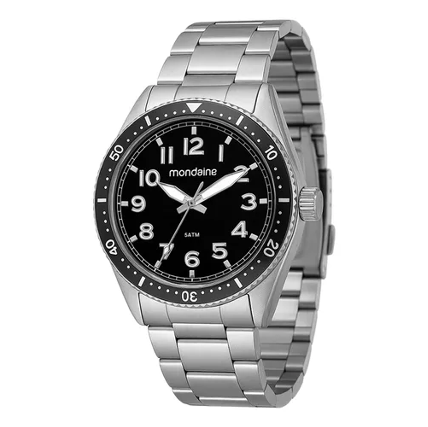 Relógio Masculino Mondaine Aço Inoxidável Prata Bisel Preto Prateado Preto Preto