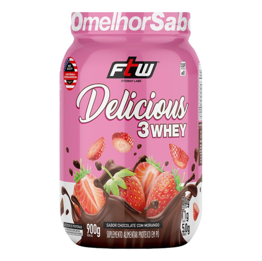 Delicious 3 Whey Proteína Hidrolisada Concentrada E Isolada Pote 900g Sabor Chocolate Com Morango - Ftw