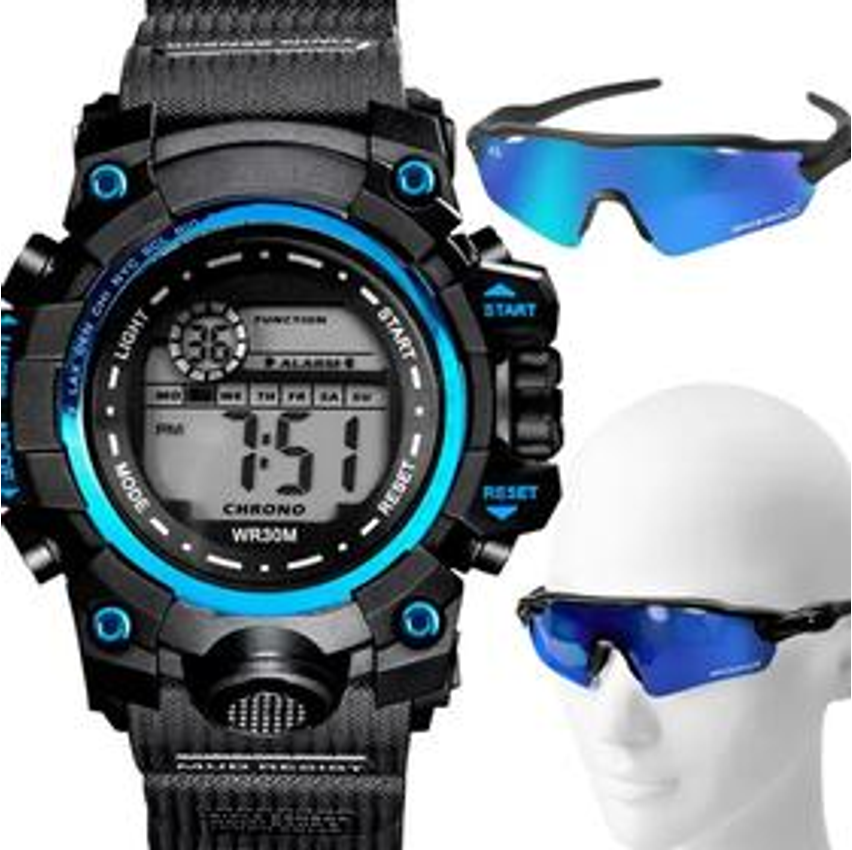Relogio Masculino Prova Dagua Digital + Oculos Proteção UV presente preto resistente ciclismo pulseira ajustavel data - Orizom