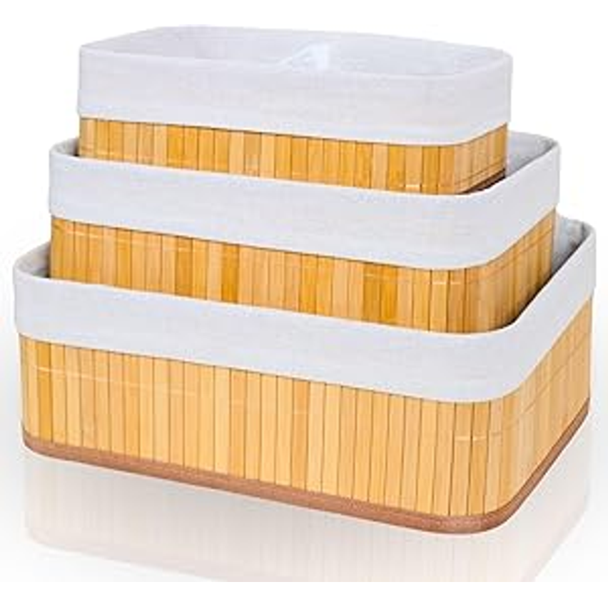 Cestos Organizadores De Bambu 3 Unidades Multiuso Com Forro Perfeito Para Banheiros, Armários, Lavanderias. Bonito e Elegante (Natural)