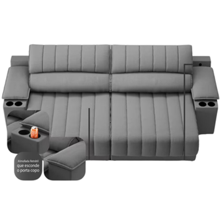 Sofá com Porta Copos Carregador USB Ret Rec Murano 2,00m Velosuede Grafite - NETSOFAS