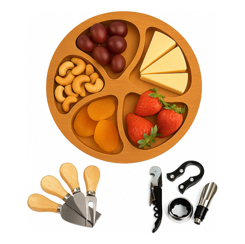 Kit Vinho 4 Peças + 4 Facas P/ Queijo + Petisqueira Madeira 