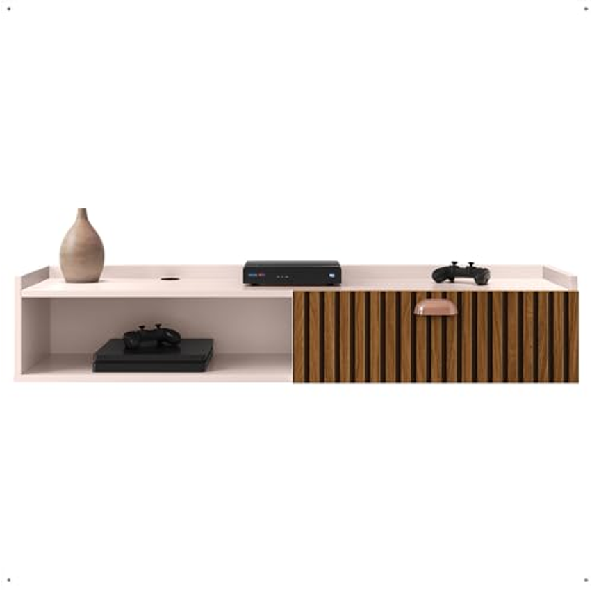 Rack Suspenso Home Classic Decoração Casa Apartamento Pequeno Sala Estar Quarto Tv 32 42 50 Polegadas 1 Porta Puxador Concha - Lojas RPM (Off White/Ripado)
