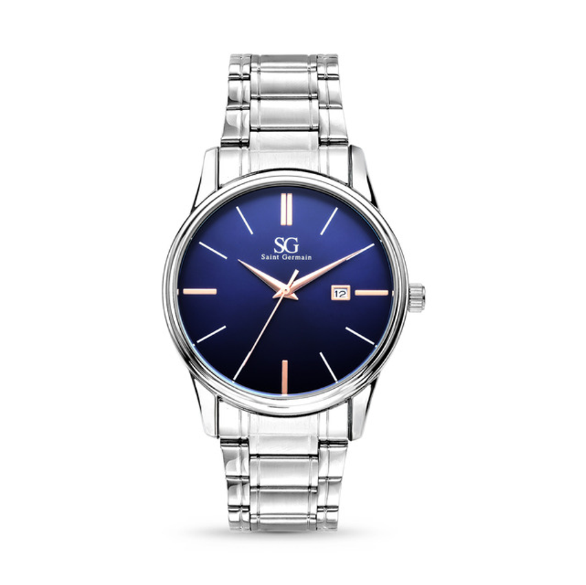 Relógio Masculino Clássico Pulseira Prata Correia Prateada Bisel Prateado Fundo Azul Marinho Saint Germain 42mm Elegante Detalhes Bronze