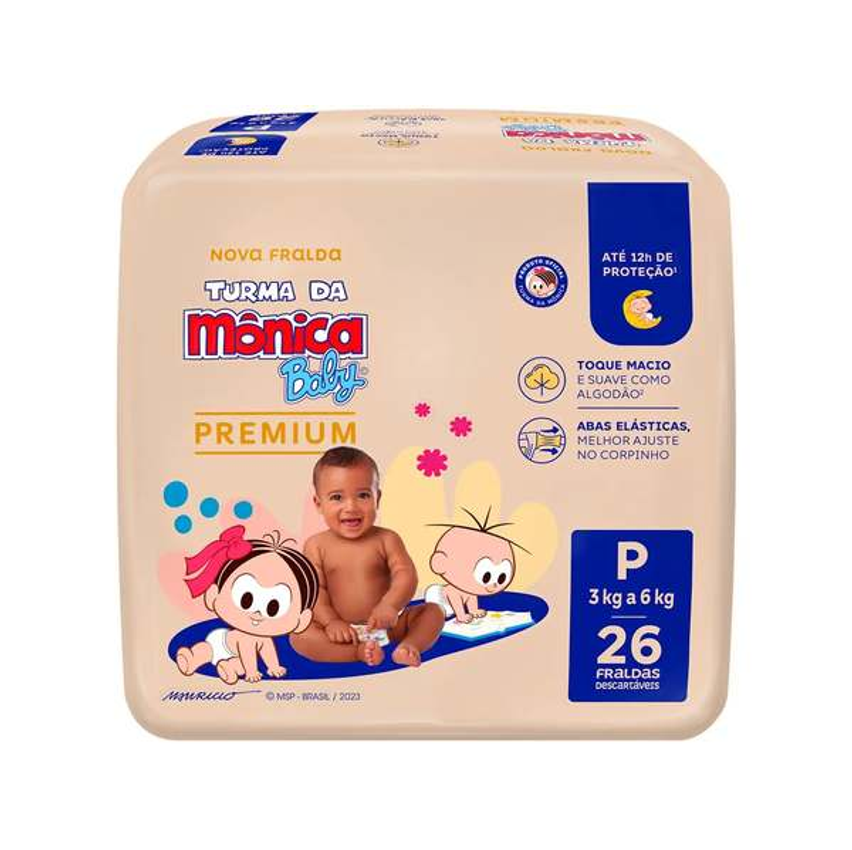 Fralda Turma da Mônica Baby Premium Jumbo Tam. P 3 a 6kg 26 Unidades