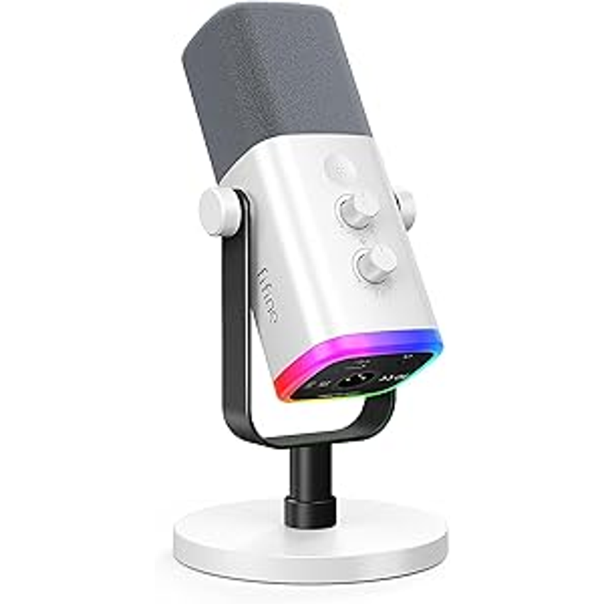 FIFINE Microfone para jogos XLR/USB para podcasting, microfone RGB para computador PC, com botão de ganho, botão de mudo, conector de monitoramento, microfone para jogadores para gravação- AM8 Branco
