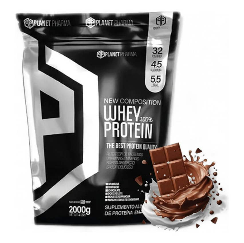 100% Whey Protein 2kg 32g Proteína / Dose - Planet Pharma Sabor Chocolate