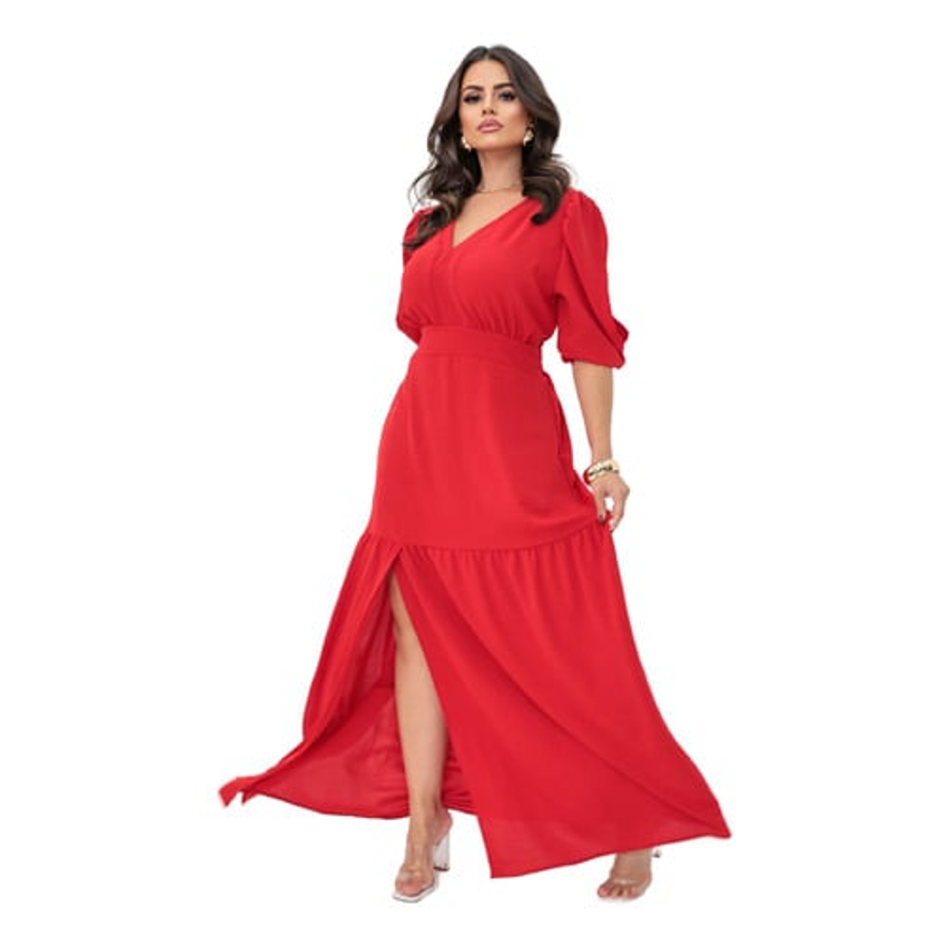 Vestido Longo Princesa Com Fenda Manga 3/4 Elegante Premium