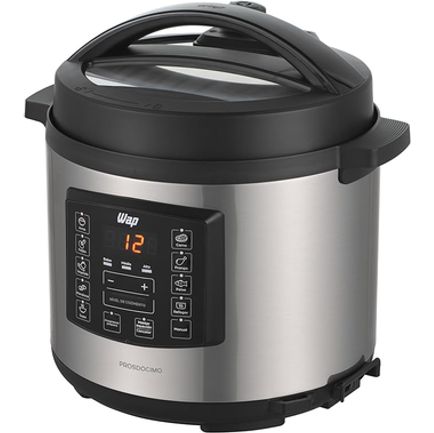 WAP Panela de Pressão Elétrica Inox 1000W com Painel Digital, Cesto 6 Litros com Revestimento Antiaderente que não Gruda, Tempo Programável, 10 Dispositivos de Segurança e Acessórios WAP WPPE1 127V