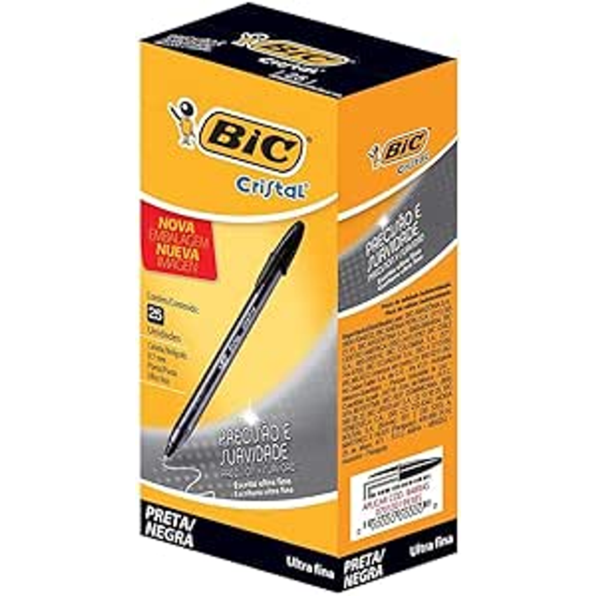 Caneta Esferográfica BIC Cristal Precisão e Suavidade, Preta, Ponta Ultra Fina, 0.7mm, 902489, 25 unidades