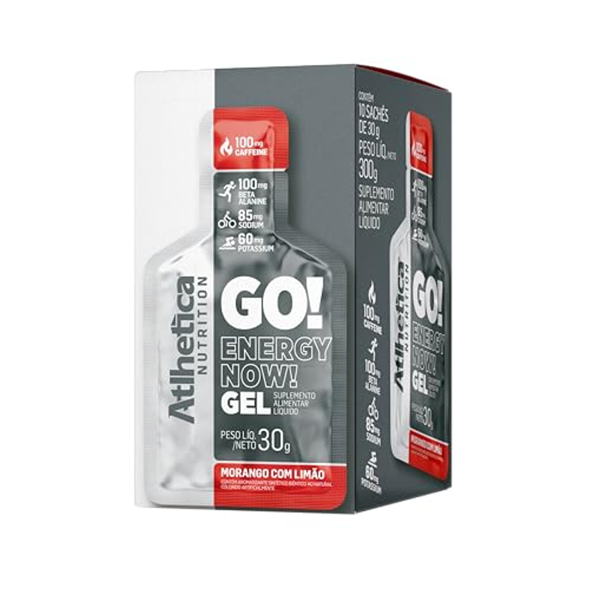 Atlhetica Nutrition GO! ENERGY NOW GEL (10 sachês de 30g) Morango com Limão, Multicolorido.