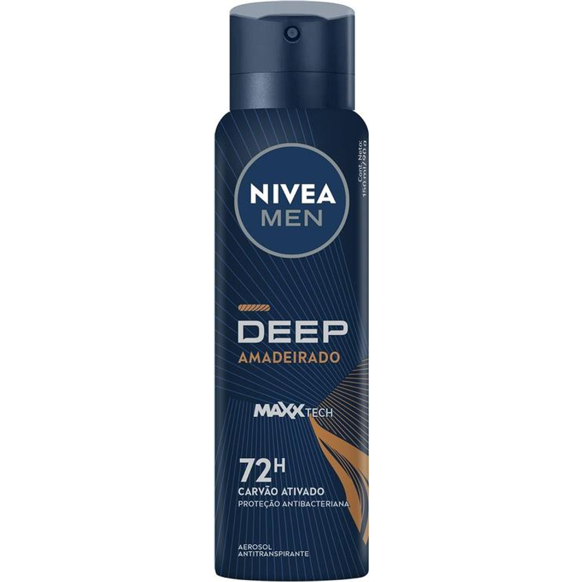 Nivea Men Desodorante Antitranspirante Aerossol Deep Amadeirado 150ml - Proteção Prolongada De 48h, Fórmula Com Carvão Ativado, Combate Impurezas, Antibacteriano, Perfume Prolongado, Fragrância Amadeirada