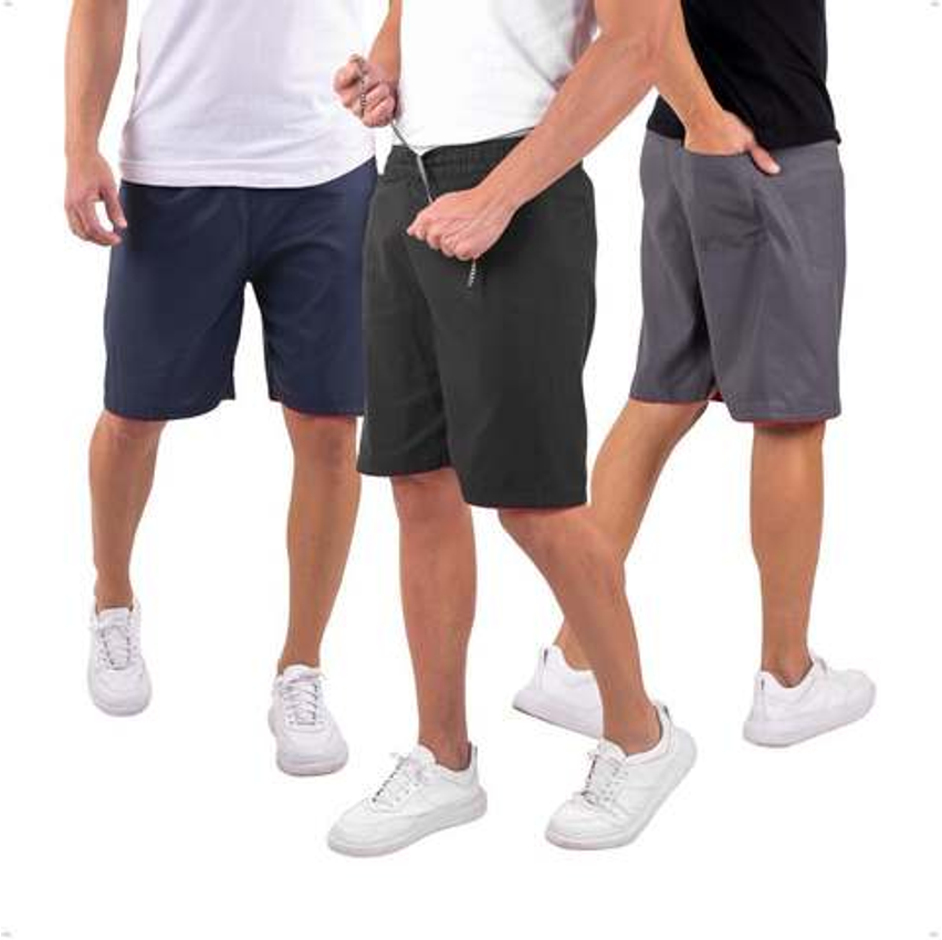 Kit 3 Bermudas Masculina Tactel Liso Academia Treino Com Bolso Traseiro - Preto+marinho+cinza