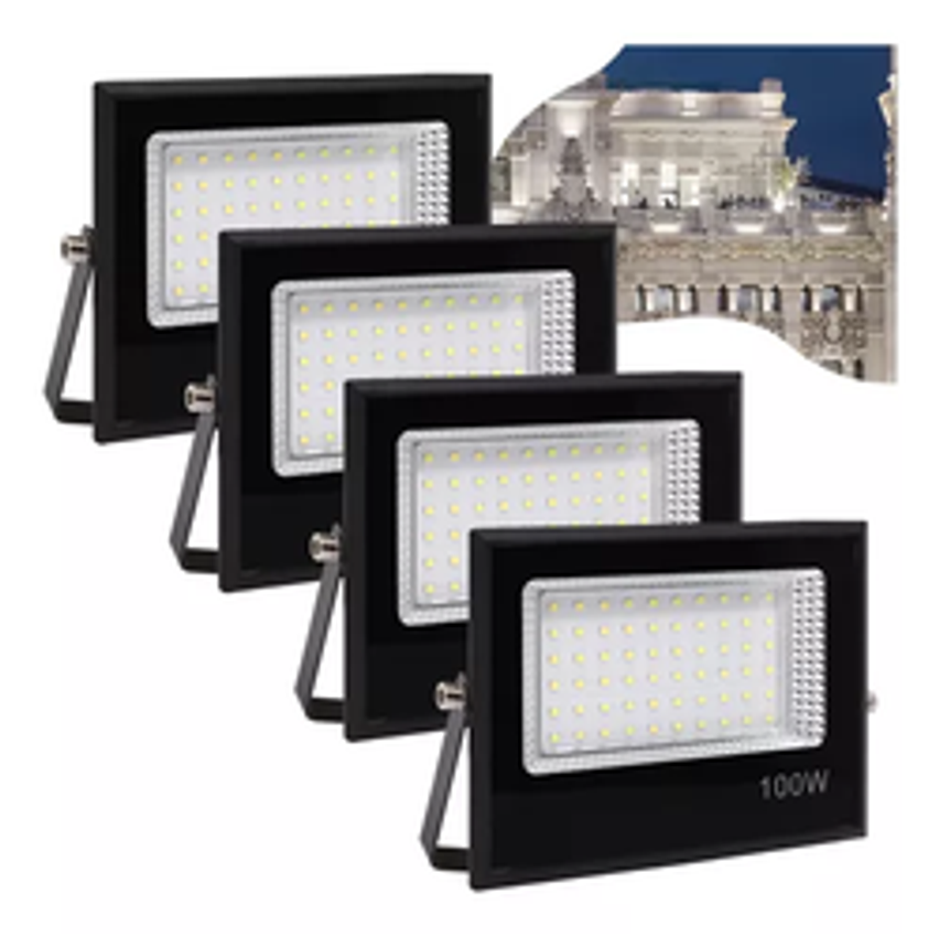 Kit 4 Refletor Led 100w Holofote Bivolt Prova Dagua Frio