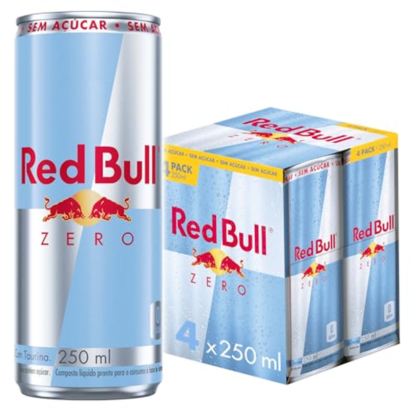 Pack de 4 Latas Red Bull Energético, Zero, Sem Açúcar, 250ml