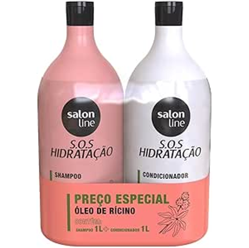 Salon Line, Kit Shampoo e Condicionador, SOS Hidratação, Óleo de Rícino, Vegano - Cabelos Lisos, Ondulados, Cacheados e Crespos, 1 L cada
