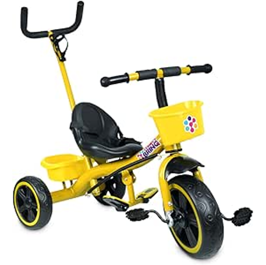 Triciclo Infantil Amarelo 2 Em 1 Mega Compras Com Pedal E Cesto Para Passeio | Carrinho Triciclo De Bebê Com Empurrador Removível, Conforto E Segurança
