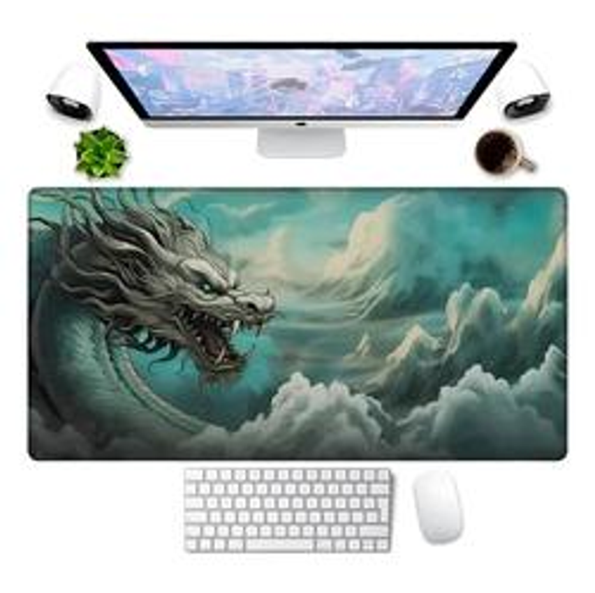 Mouse Pad Dragão 90x40cm Chinês Azul Nuvem Premium Grande