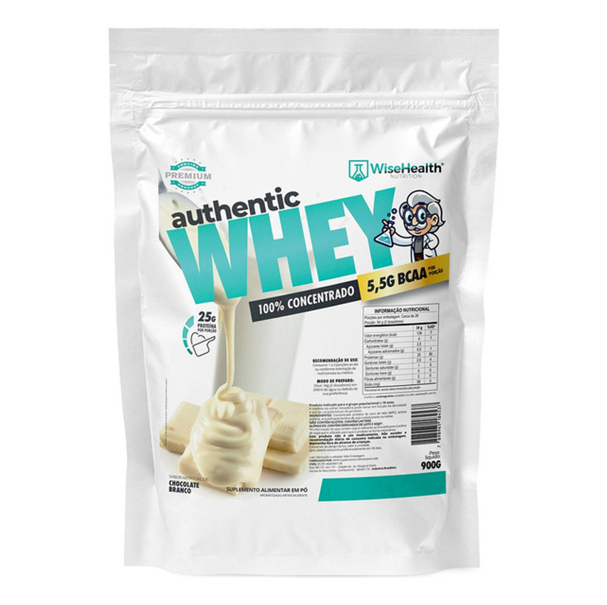 100% Whey Protein Concentrado Authentic (900g) - Wisehealth Sabor Chocolate Branco
