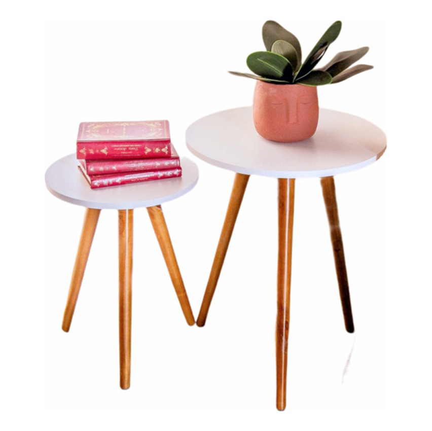 Kelan Kit Com 2 Mesas Redonda Retro Apoio Decorativa Porta Livros Blanco