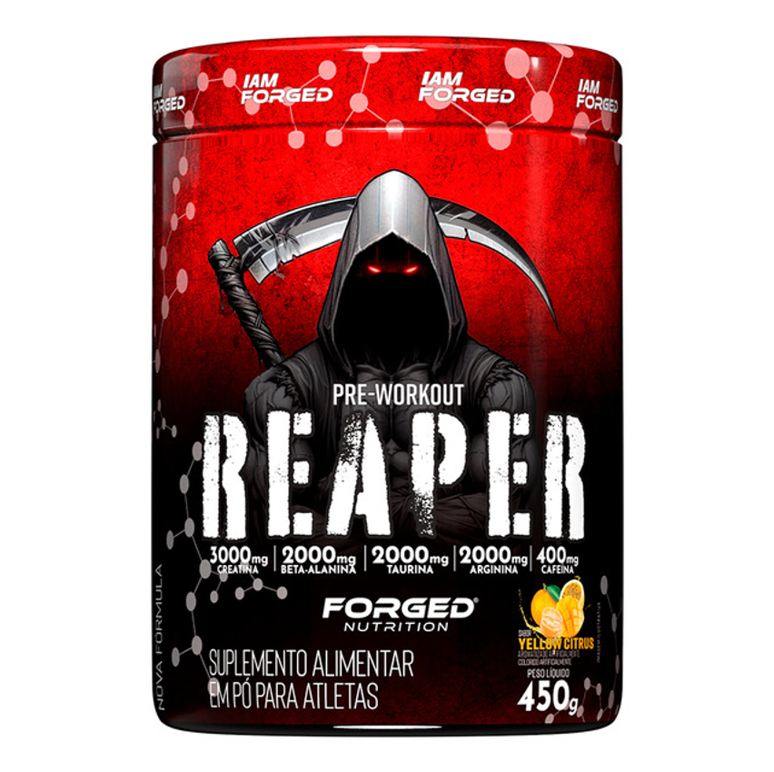 Pré-treino Reaper 450g Alta Performance Forged Nutrition | Creatina, Arginina, Beta-alanina, Cafeína, Taurina | Energia Explosiva, Força Máxima, Foco, Pump, Resistência E Volume Muscular Yellow Citrus