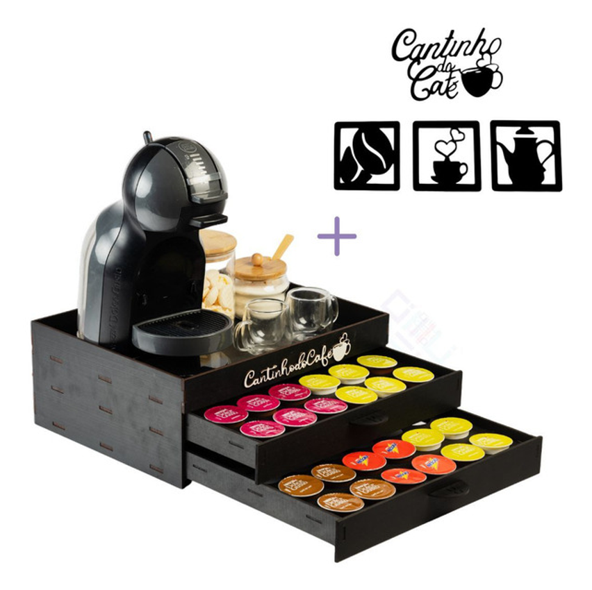 Porta Capsula Dolce Gusto Combinandinho - Bandeja Cantinho Do Cafe Preta Com 2 Gavetas Comporta 48 Cápsulas Café Chá Decorativa Apoio Cafeteira Xícaras